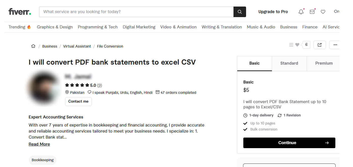 Ejemplo de servicio en Fiverr para convertir estados de cuenta